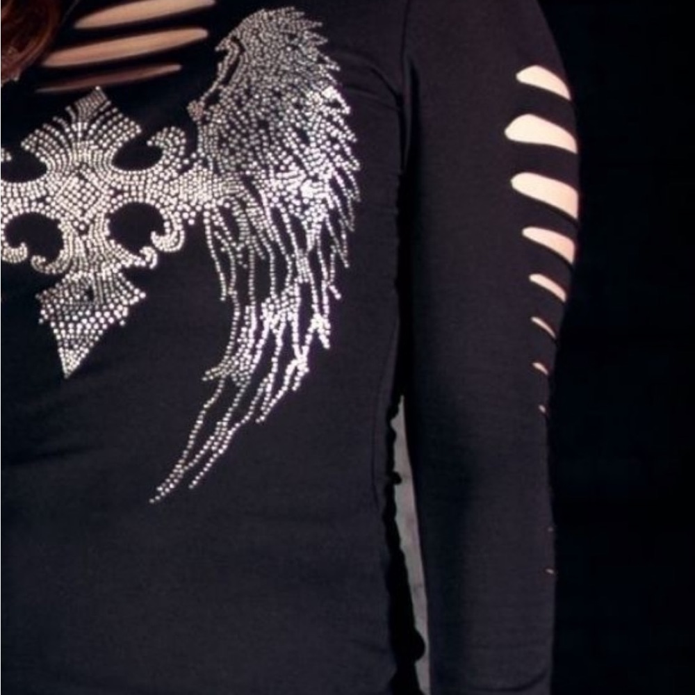 Women’s black long sleeve sexy black top with embellishing - Picture 5 of 13